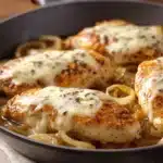 Close-up of a French Onion Chicken Skillet with creamy sauce and herbs in a pan