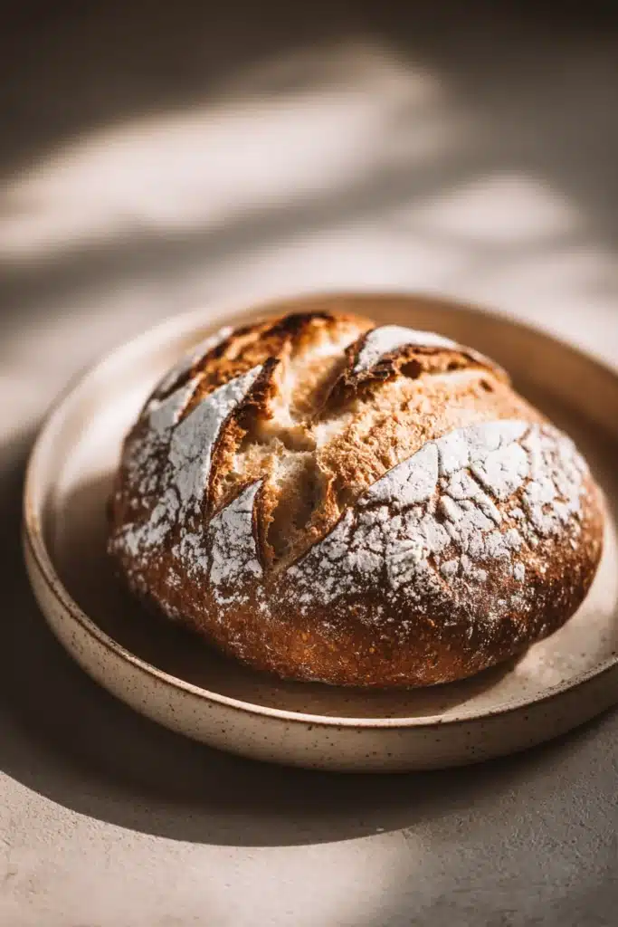 Close-up of freshly baked bread with a golden crust made with bread flour.
