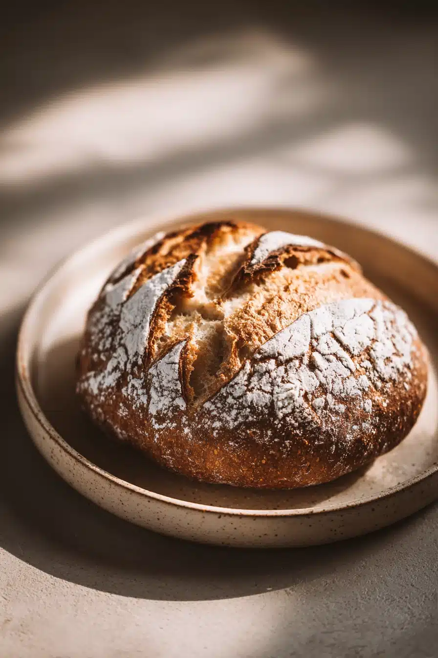 Close-up of freshly baked bread with a golden crust made with bread flour.