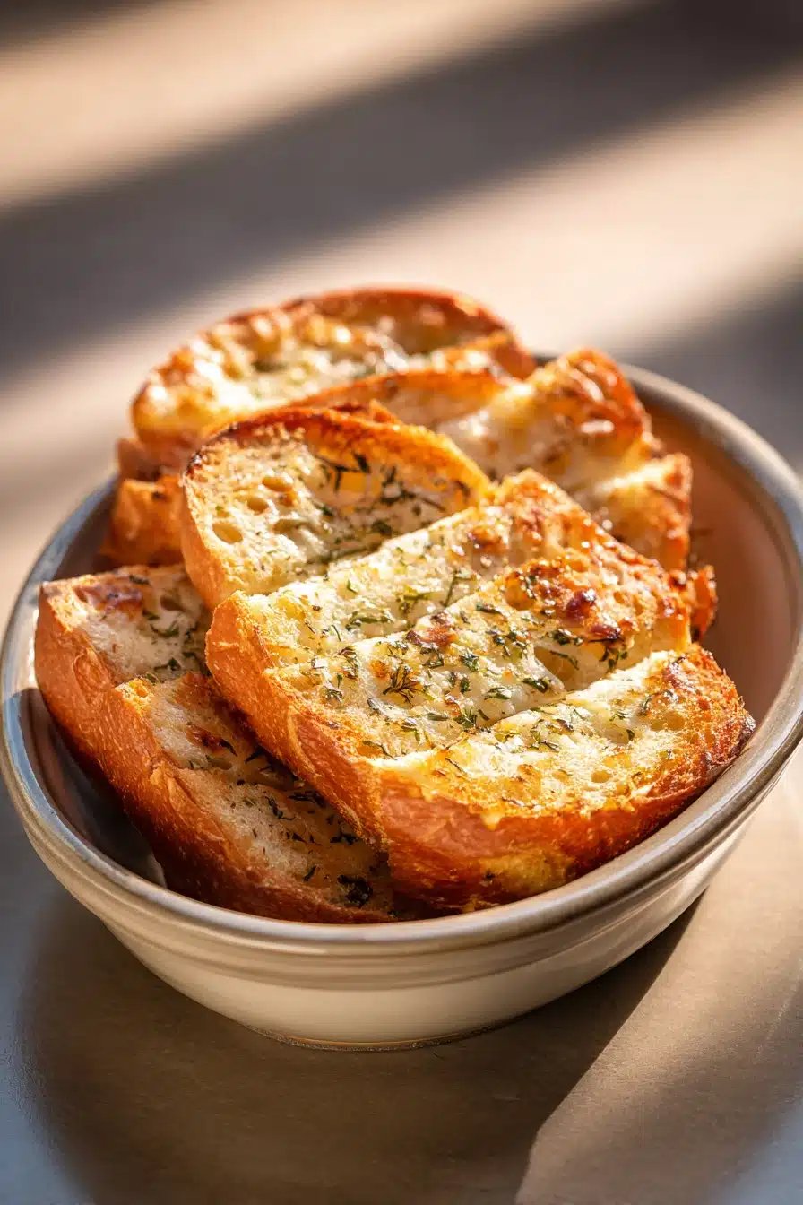 Close-up of golden garlic bread with a crispy crust and soft interior