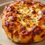 Close-up of freshly baked garlic bread with pizza dough, golden and crispy.