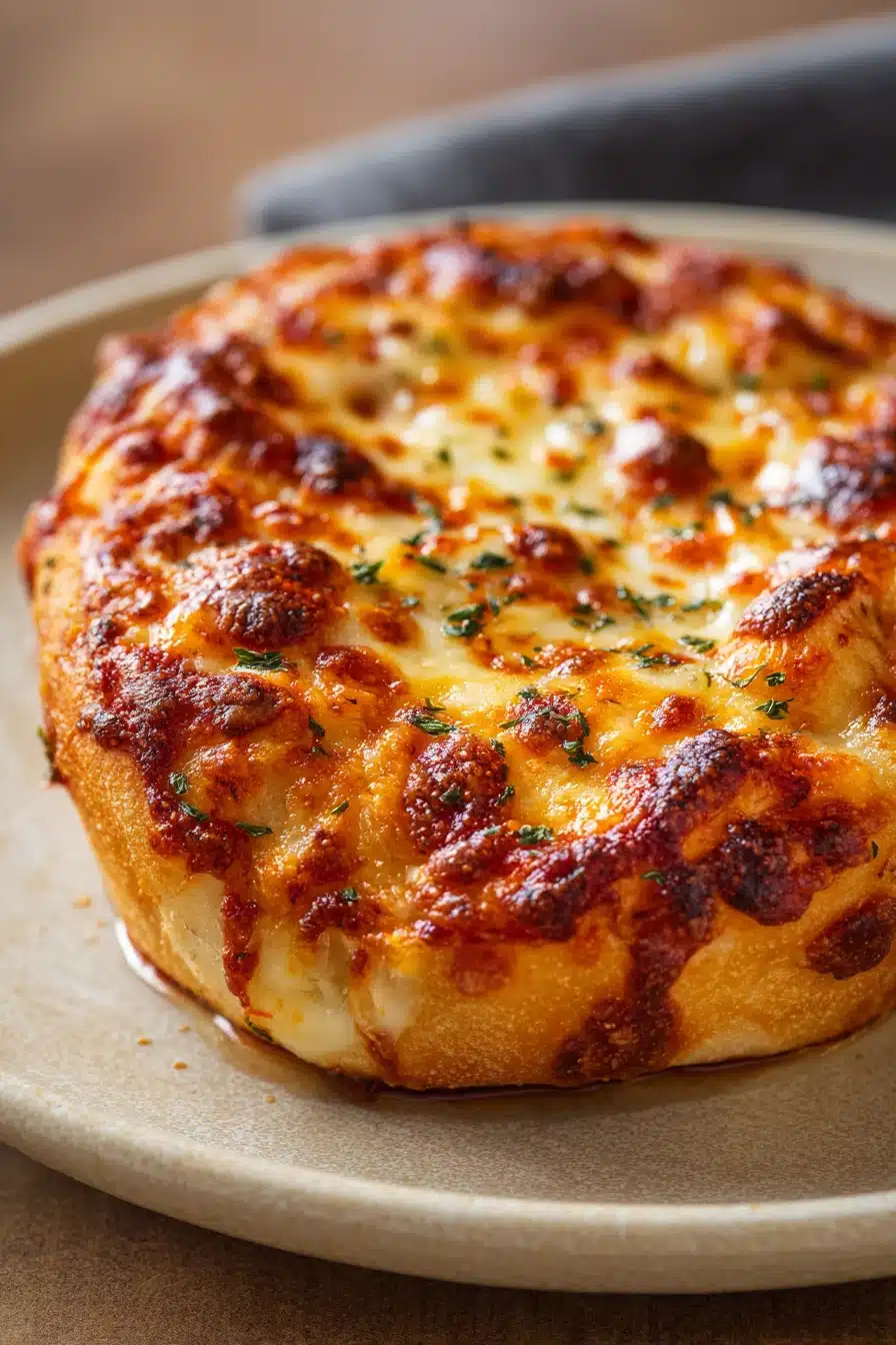 Close-up of freshly baked garlic bread with pizza dough, golden and crispy.