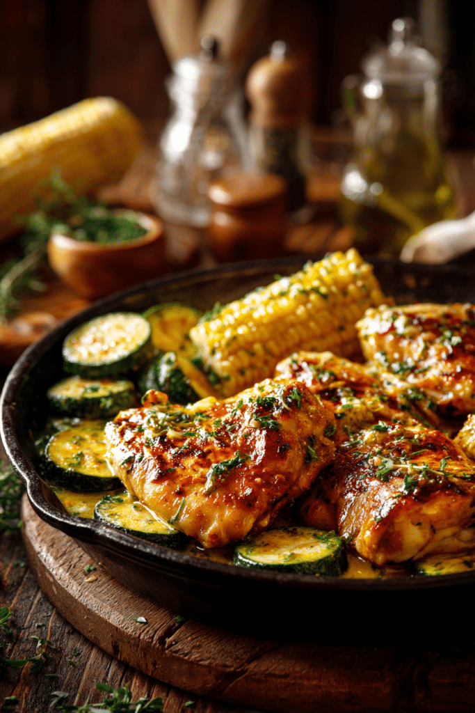 Close-up photo of garlic butter chicken with sautéed zucchini and corn on a rustic wooden table, warm natural lighting