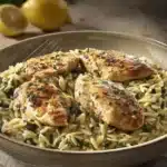 Close-up of Garlic Butter Lemon Chicken Orzo with bright, appetizing presentation.