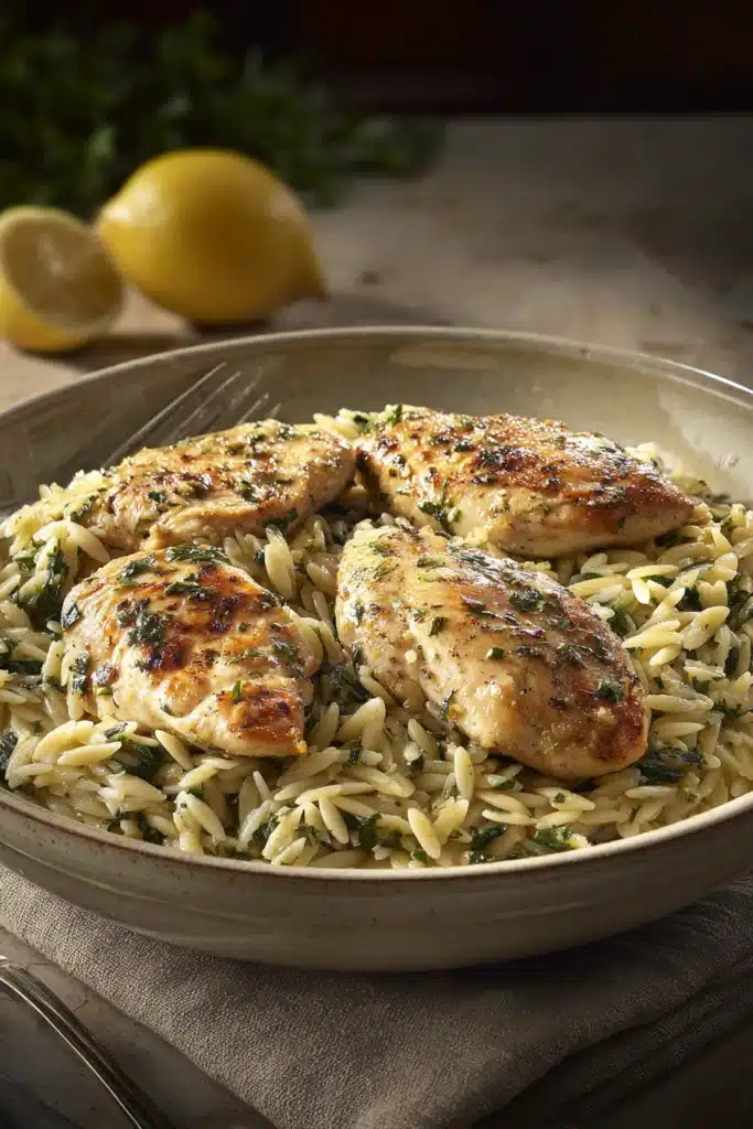 Close-up of Garlic Butter Lemon Chicken Orzo with bright, appetizing presentation.