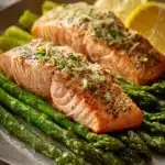 Close-up of garlic butter salmon with lemon asparagus on a white plate