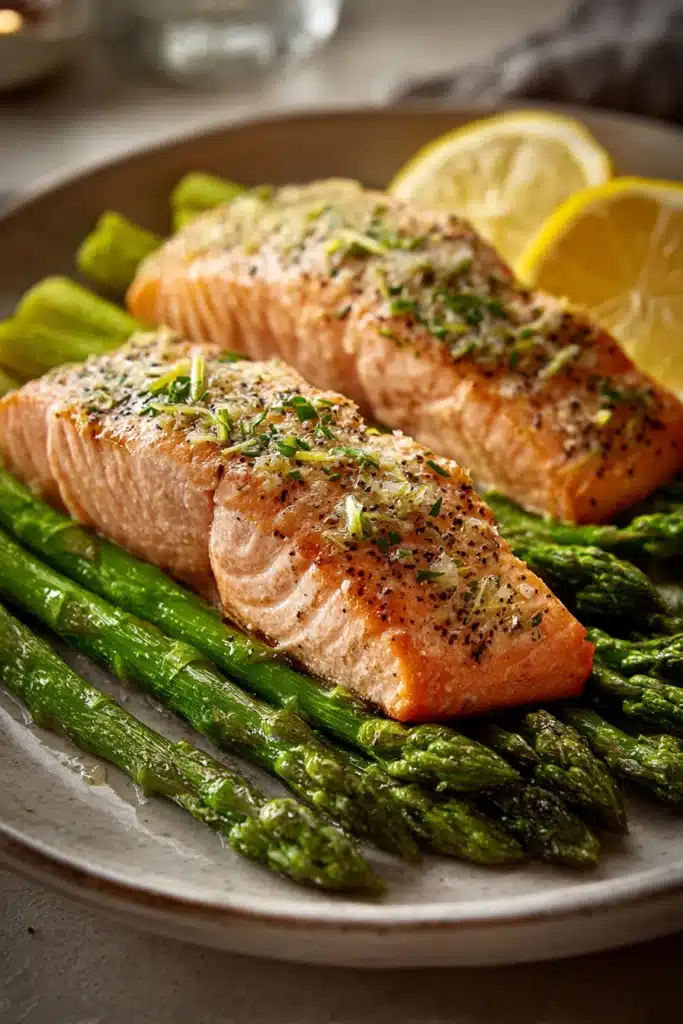 Close-up of garlic butter salmon with lemon asparagus on a white plate