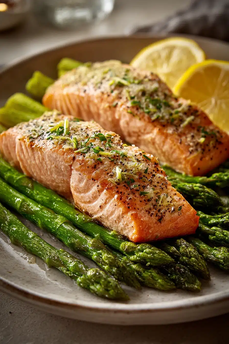 Close-up of garlic butter salmon with lemon asparagus on a white plate