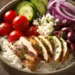 Close-up of a Greek chicken bowl with grilled chicken, fresh vegetables, and creamy sauce.