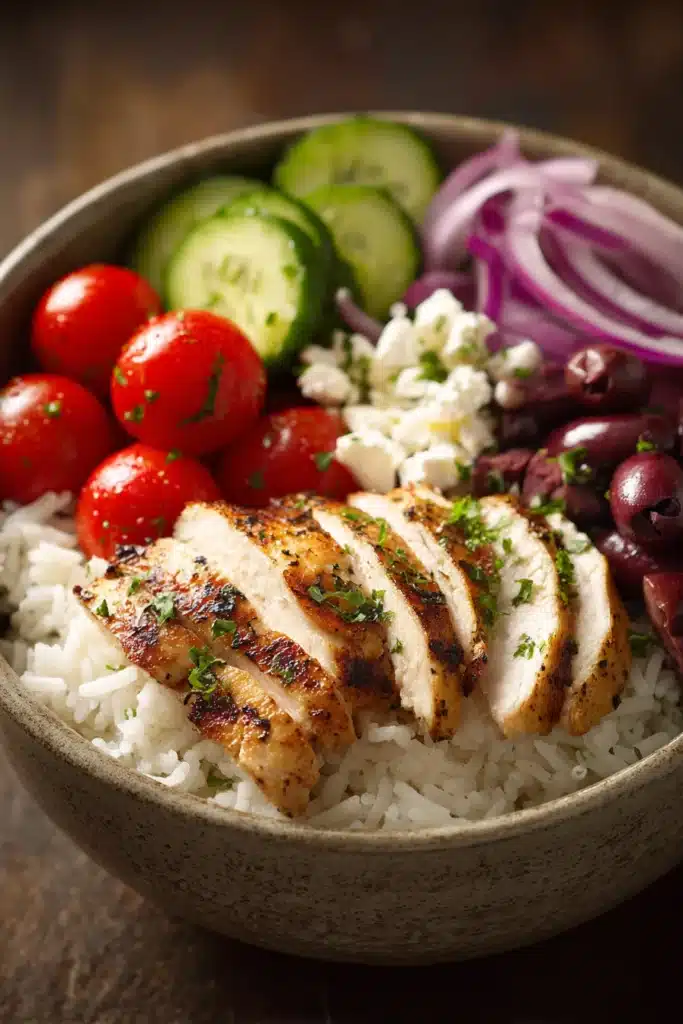 Close-up of a Greek chicken bowl with grilled chicken, fresh vegetables, and creamy sauce.
