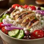Close-up of a Greek chicken rice bowl with cucumber, featuring vibrant colors and appetizing textures.