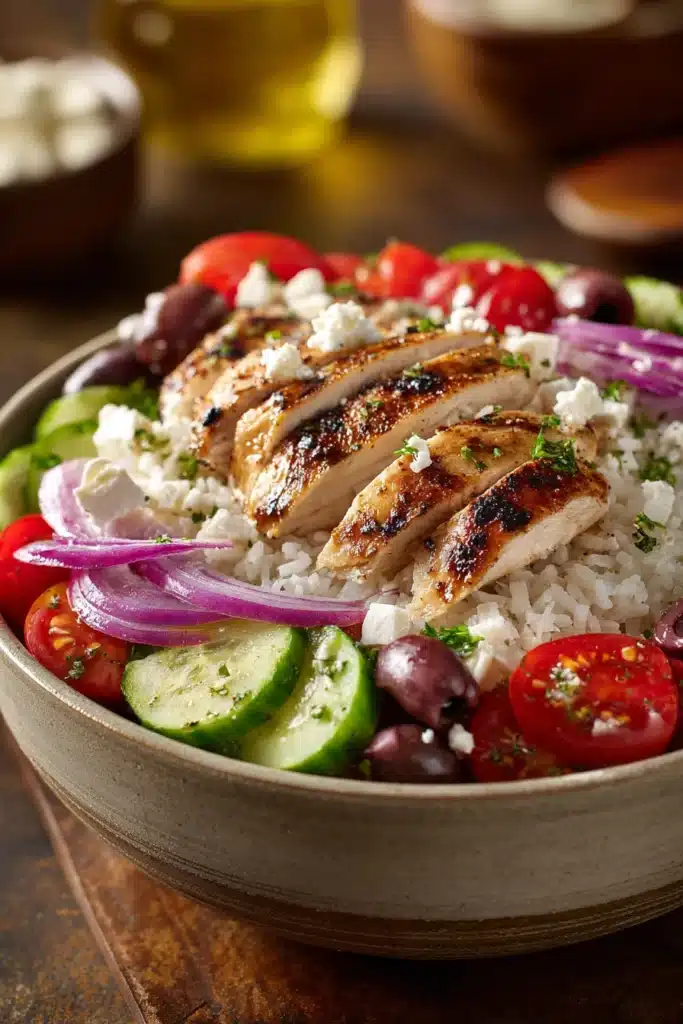 Close-up of a Greek chicken rice bowl with cucumber, featuring vibrant colors and appetizing textures.