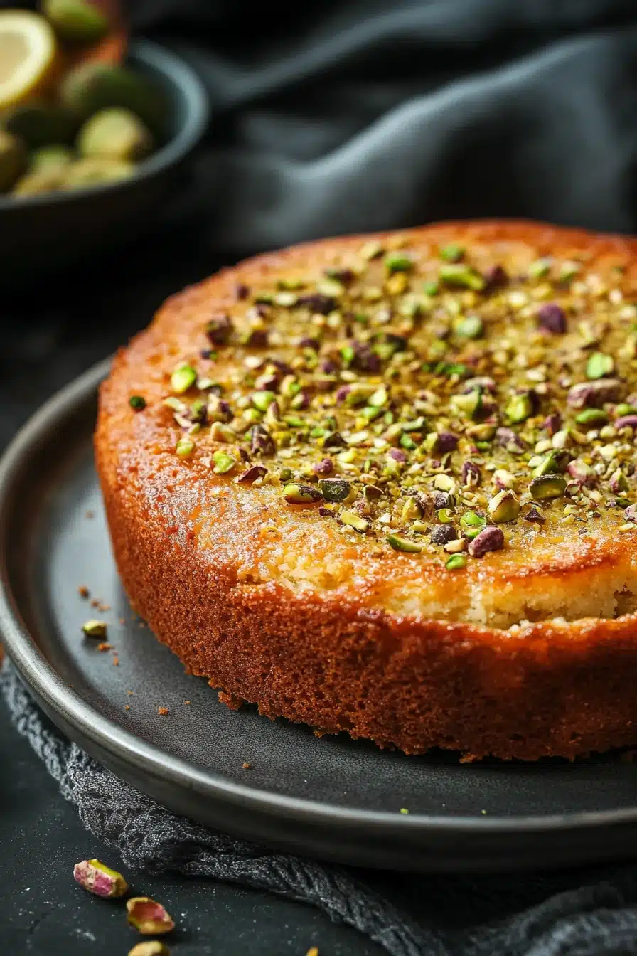 Close-up of a greek yogurt pistachio cake with creamy texture and pistachio topping.