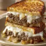 Close-up of a grilled cheese patty melt with melted cheese and toasted bread.