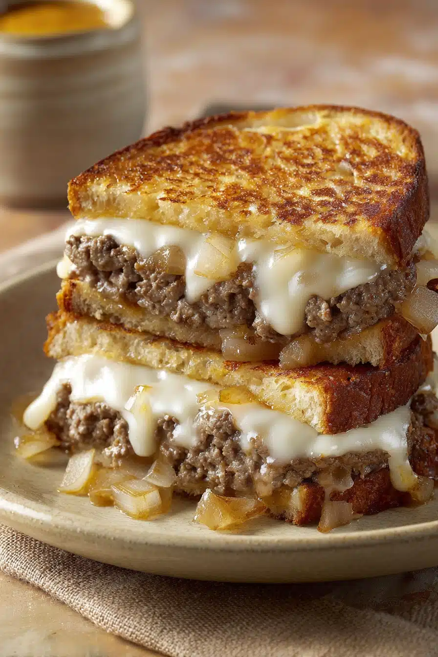 Close-up of a grilled cheese patty melt with melted cheese and toasted bread.