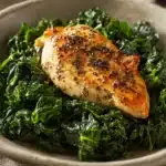 Close-up of grilled chicken breast with fresh kale on a white plate