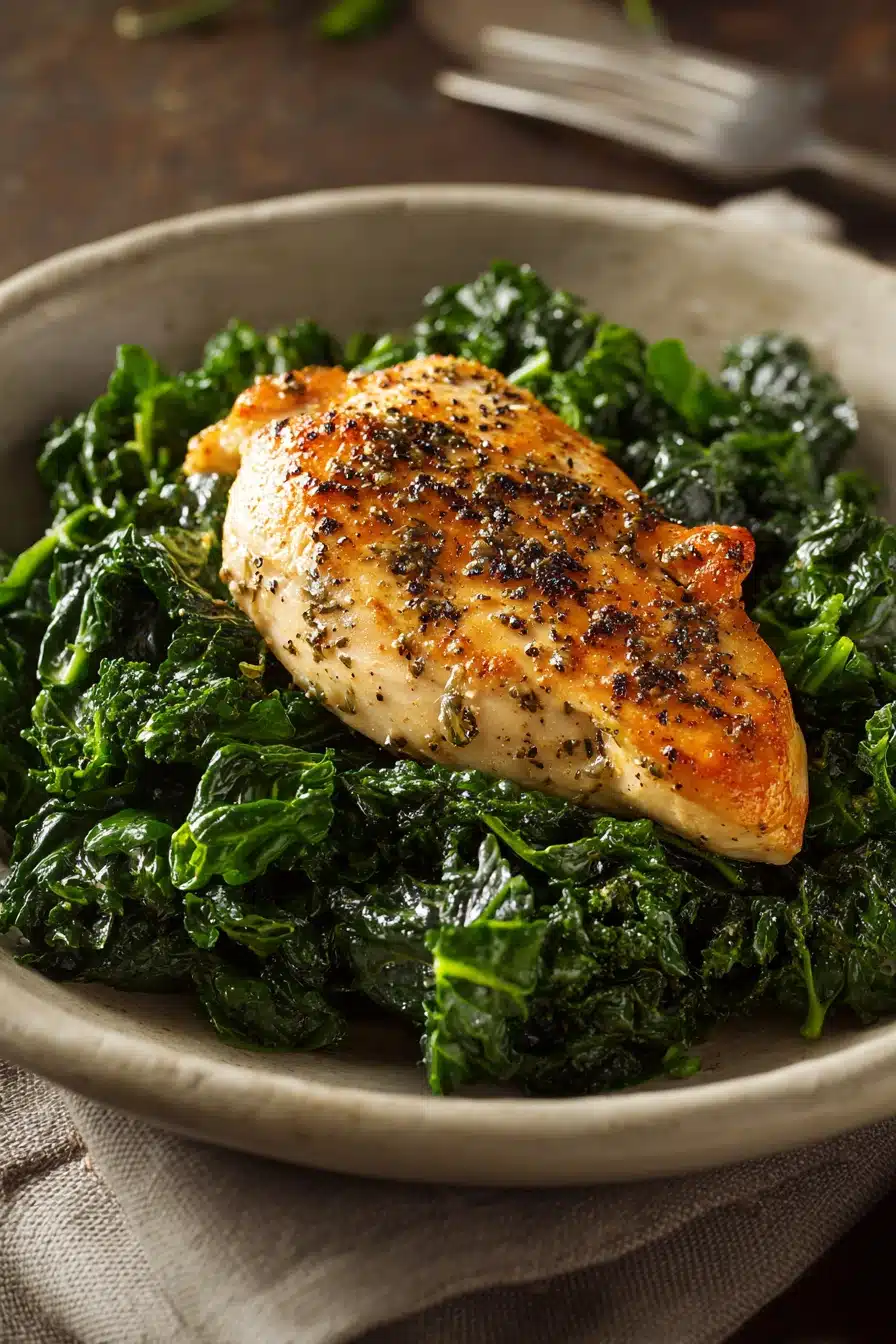 Close-up of grilled chicken breast with fresh kale on a white plate