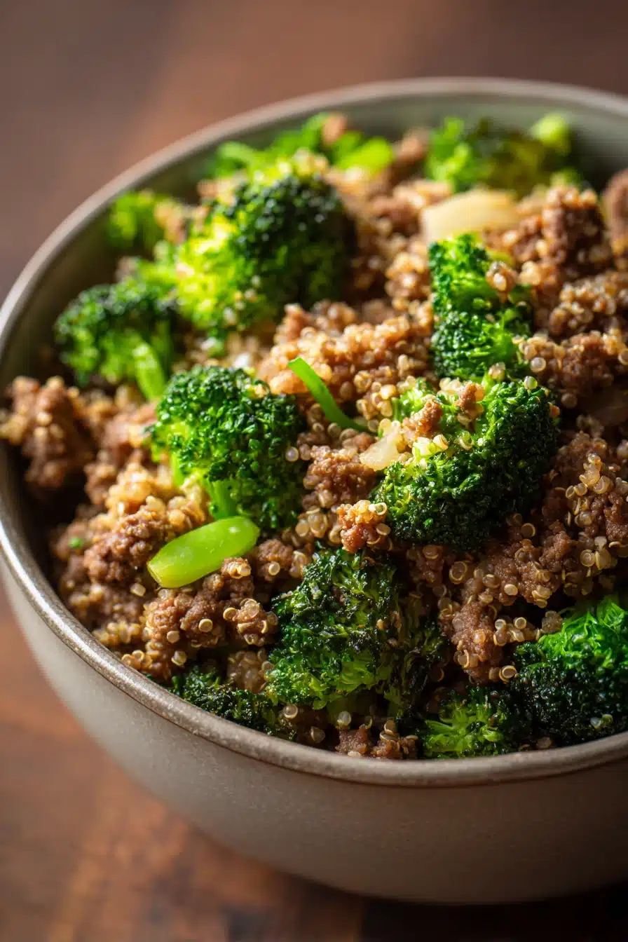 Close-up of ground beef and broccoli fried quinoa with vibrant colors