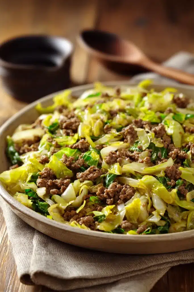 Close-up of a vibrant ground beef and cabbage stir fry with bright colors and clean background