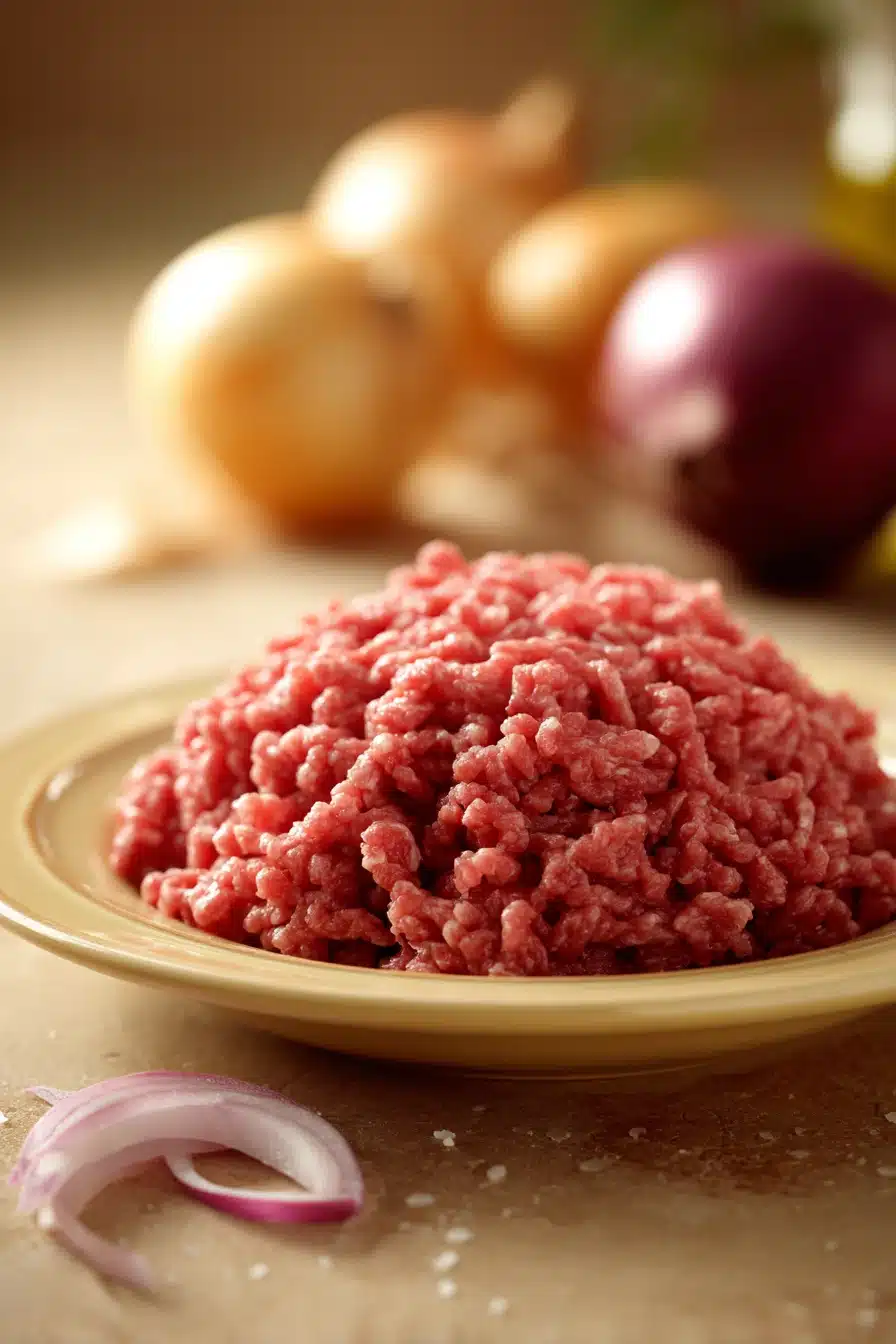 Close-up of a ground beef dish with bright lighting and clean background