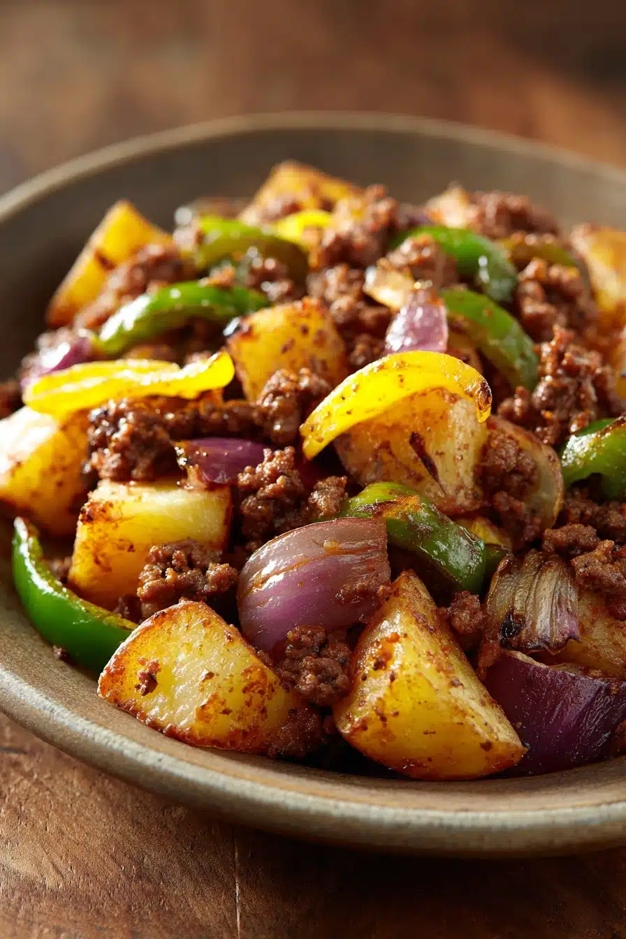 Close-up of a delicious ground beef hash with vibrant vegetables and herbs.