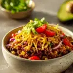 Close-up of ground beef taco rice bowls with vibrant toppings and fresh ingredients