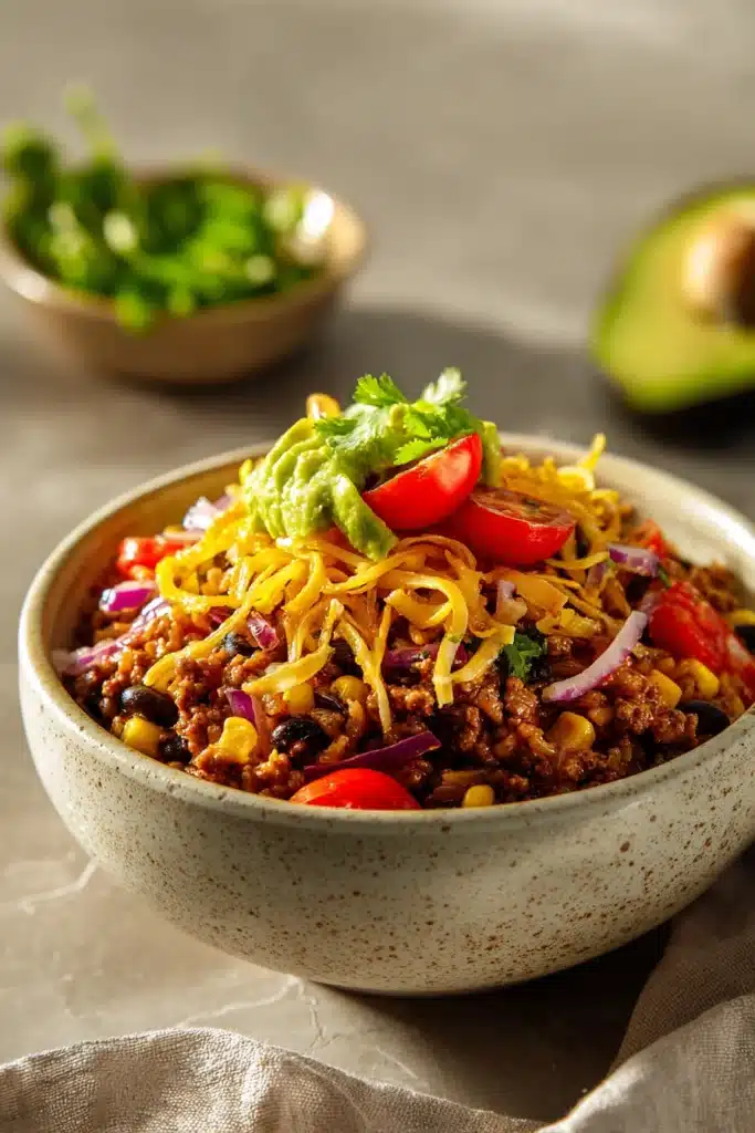 Close-up of ground beef taco rice bowls with vibrant toppings and fresh ingredients