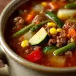 Close-up of ground beef vegetable soup with visible carrots, peas, and beef chunks in a broth.