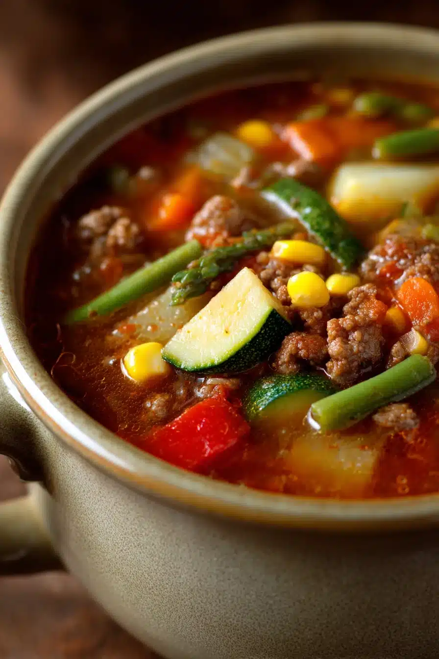 Close-up of ground beef vegetable soup with visible carrots, peas, and beef chunks in a broth.