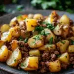 Close-up of ground beef with potatoes in a bright, appetizing setting