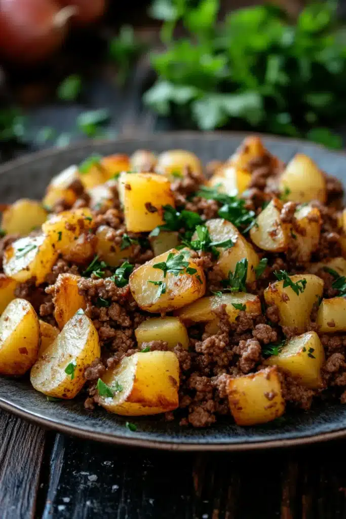 Close-up of ground beef with potatoes in a bright, appetizing setting
