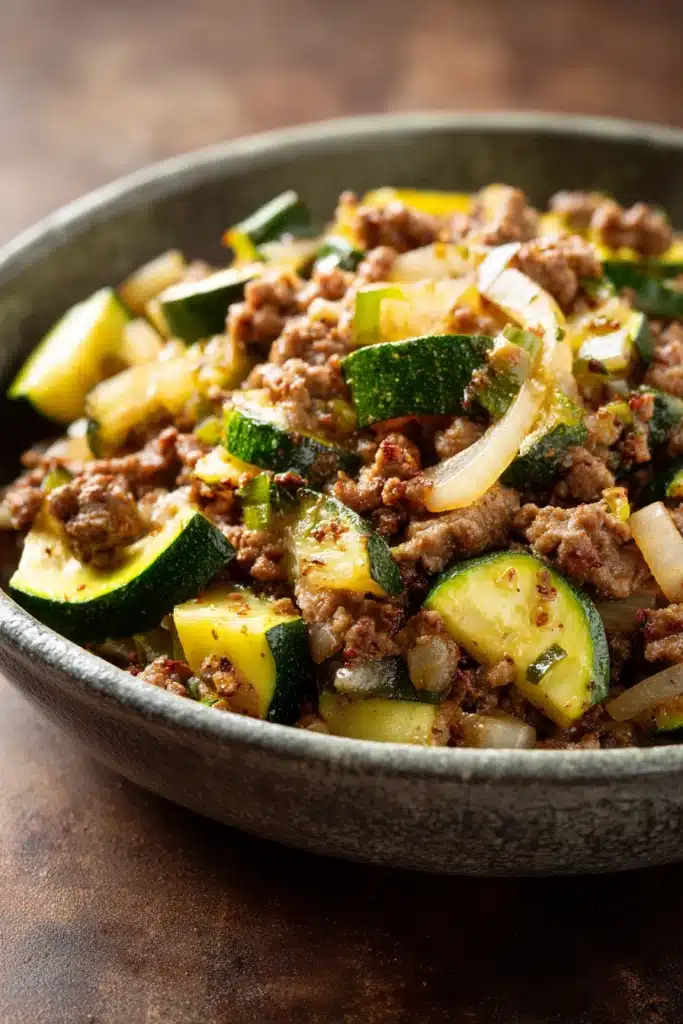 Close-up of a delicious ground beef zucchini dish with vibrant colors and textures.