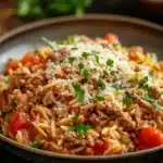 Close-up of a delicious ground turkey orzo dish with vibrant colors and fresh ingredients.