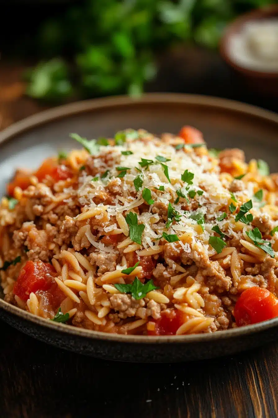 Close-up of a delicious ground turkey orzo dish with vibrant colors and fresh ingredients.