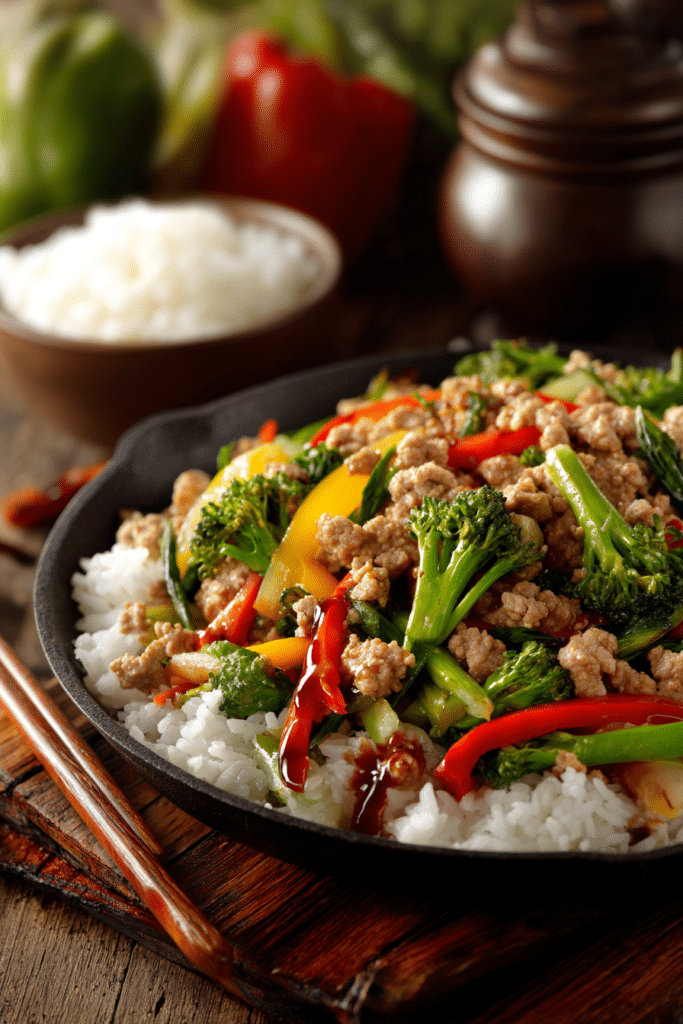 Ground turkey teriyaki stir fry with vibrant vegetables served on rustic wooden surface, highlighting glossy sauce and fresh textures