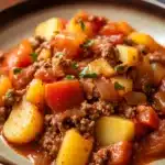 Close-up of a hearty slow cooker hamburger ground beef dinner with rich textures and warm lighting.