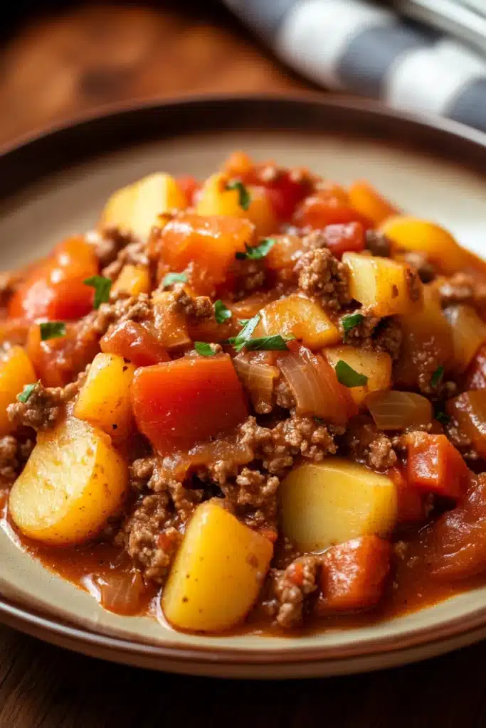 Close-up of a hearty slow cooker hamburger ground beef dinner with rich textures and warm lighting.