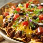 Close-up of a high protein beef enchilada bake with melted cheese and rich sauce