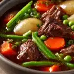 Close-up of a hearty beef dish cooked in a slow cooker, showcasing tender meat and rich sauce.