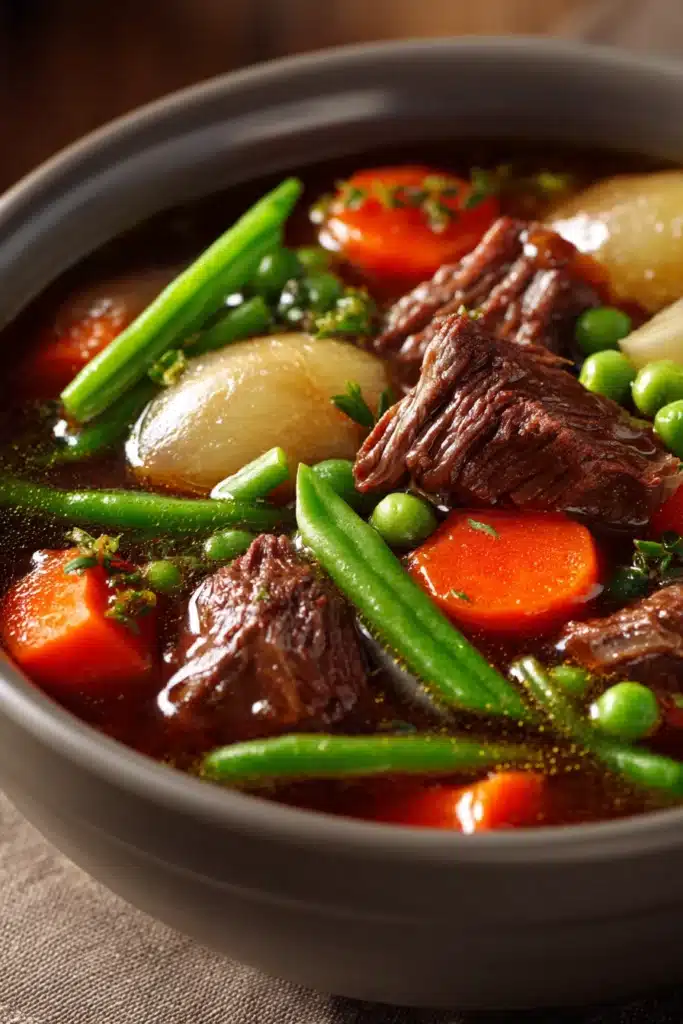 Close-up of a hearty beef dish cooked in a slow cooker, showcasing tender meat and rich sauce.