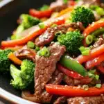 Close-up of high protein beef stir fry with vibrant vegetables in a white bowl.