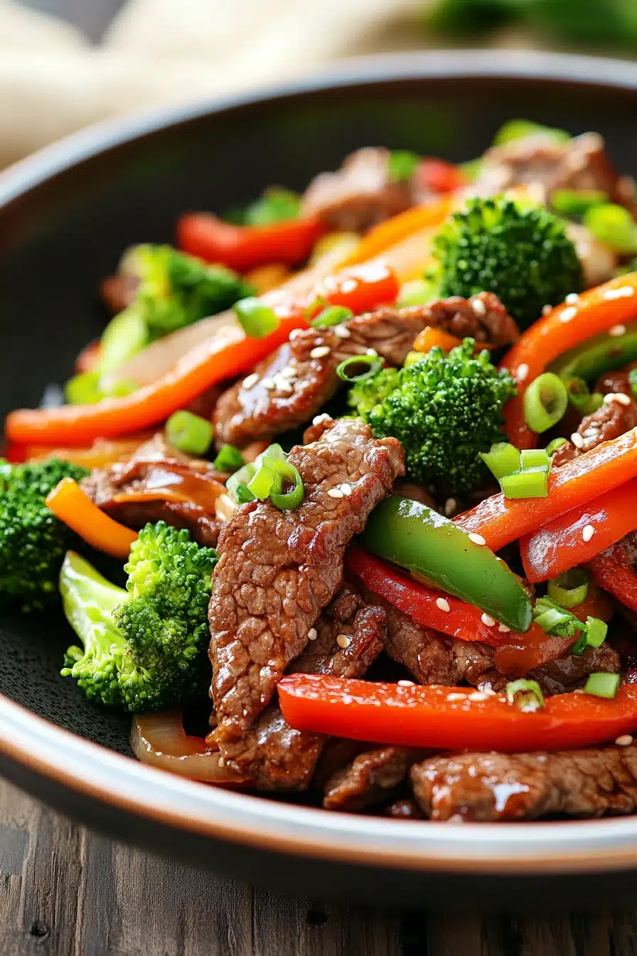 Close-up of high protein beef stir fry with vibrant vegetables in a white bowl.