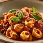 Close-up of high protein beef tortellini with a clean background