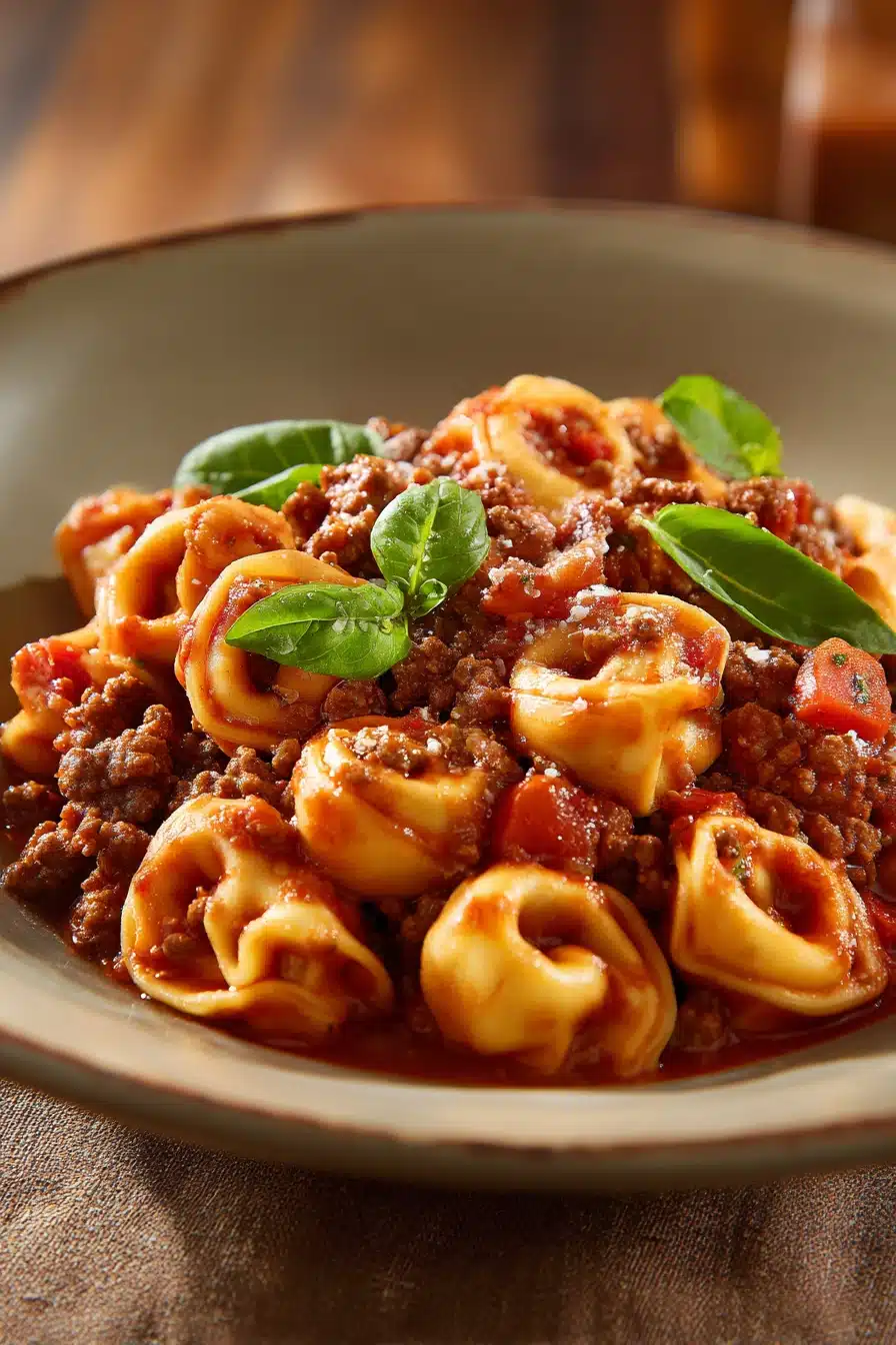 Close-up of high protein beef tortellini with a clean background