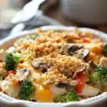 Close-up of high protein chicken casserole with creamy sauce and cheese in bright natural lighting.
