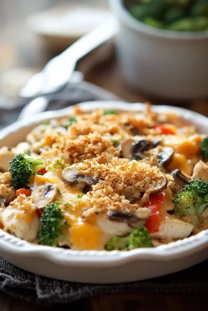 Close-up of high protein chicken casserole with creamy sauce and cheese in bright natural lighting.