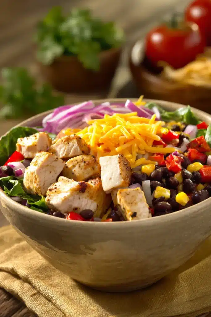 Close-up of a high protein chicken enchilada bowl with vibrant toppings and creamy sauce.
