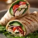 Close-up of a high protein chicken hummus wrap with fresh ingredients
