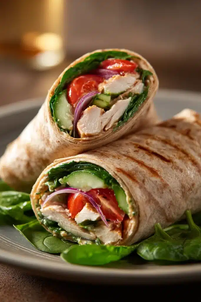 Close-up of a high protein chicken hummus wrap with fresh ingredients