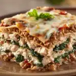 Close-up of high protein chicken lasagna with layers of pasta, cheese, and sauce.